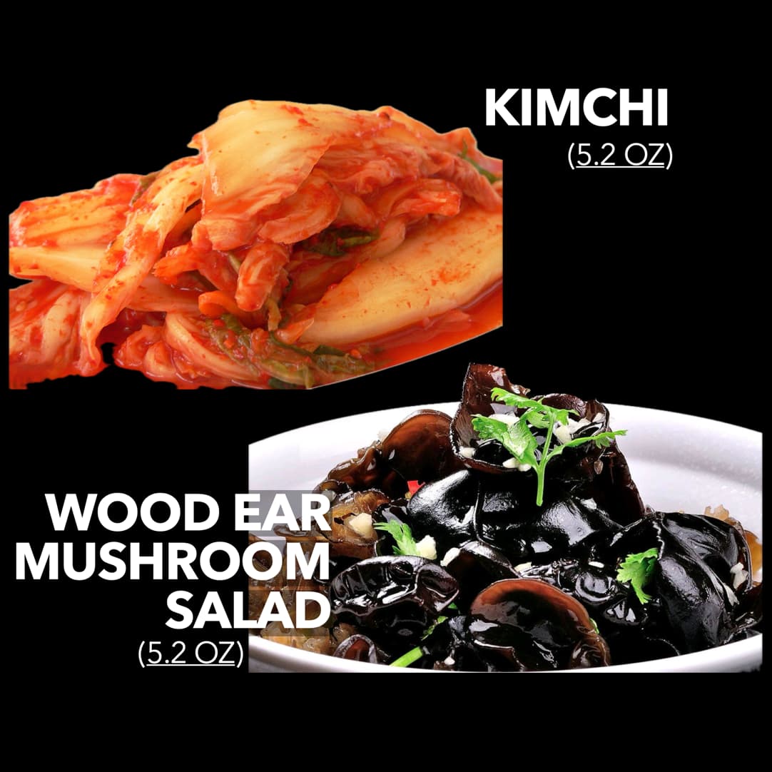 Image showcasing appetizers with 5.2 oz of probiotic-rich Kimchi and a refreshing Wood Ear Mushroom with Cucumber Salad, highlighting their vibrant flavors and nutritional benefits for a perfect meal start.