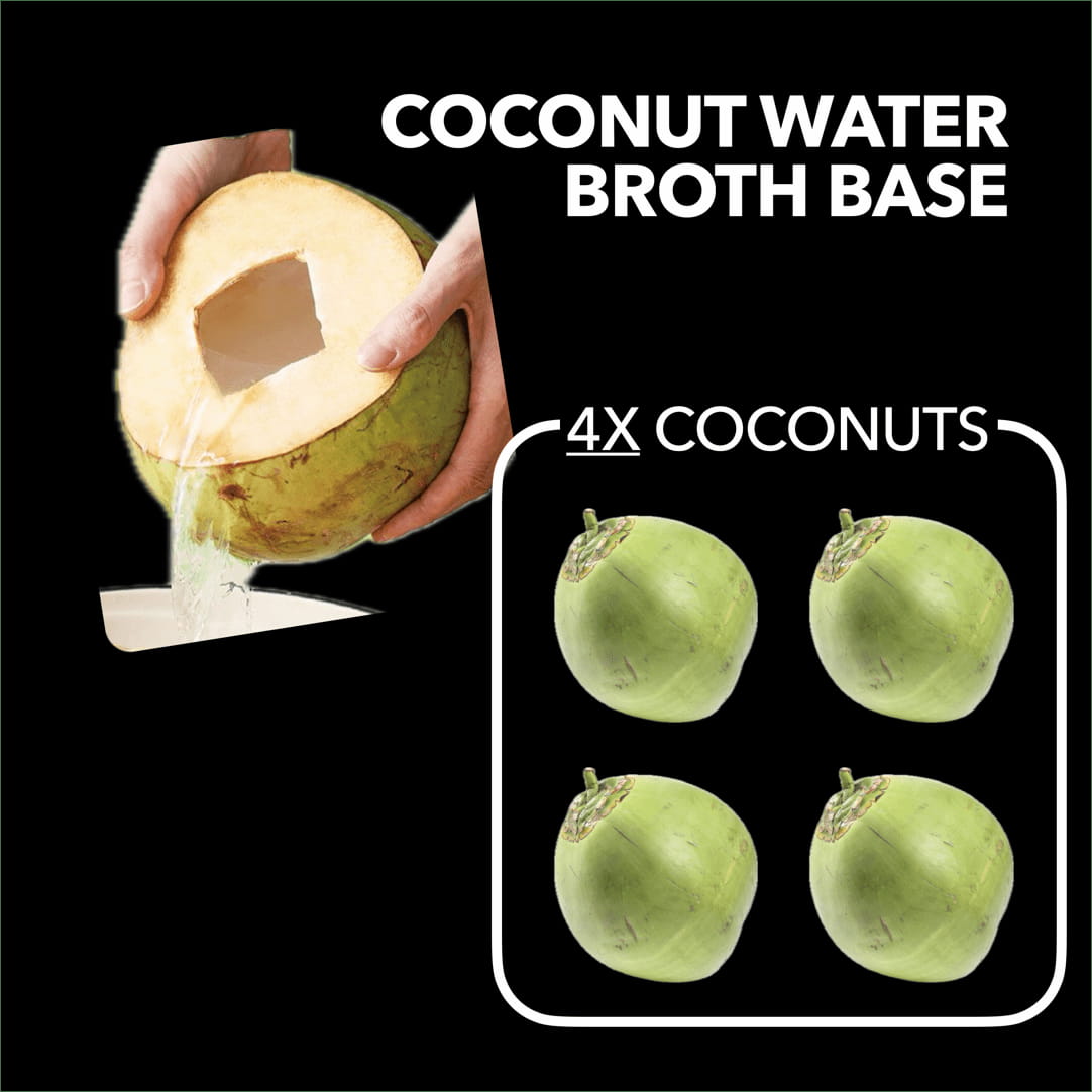 Image of Signature Coconut Water BrothBase with 4 coconuts, showcasing the hydrating, electrolyte-rich broth infused with options like lemongrass or ginger for natural flavor enhancement.