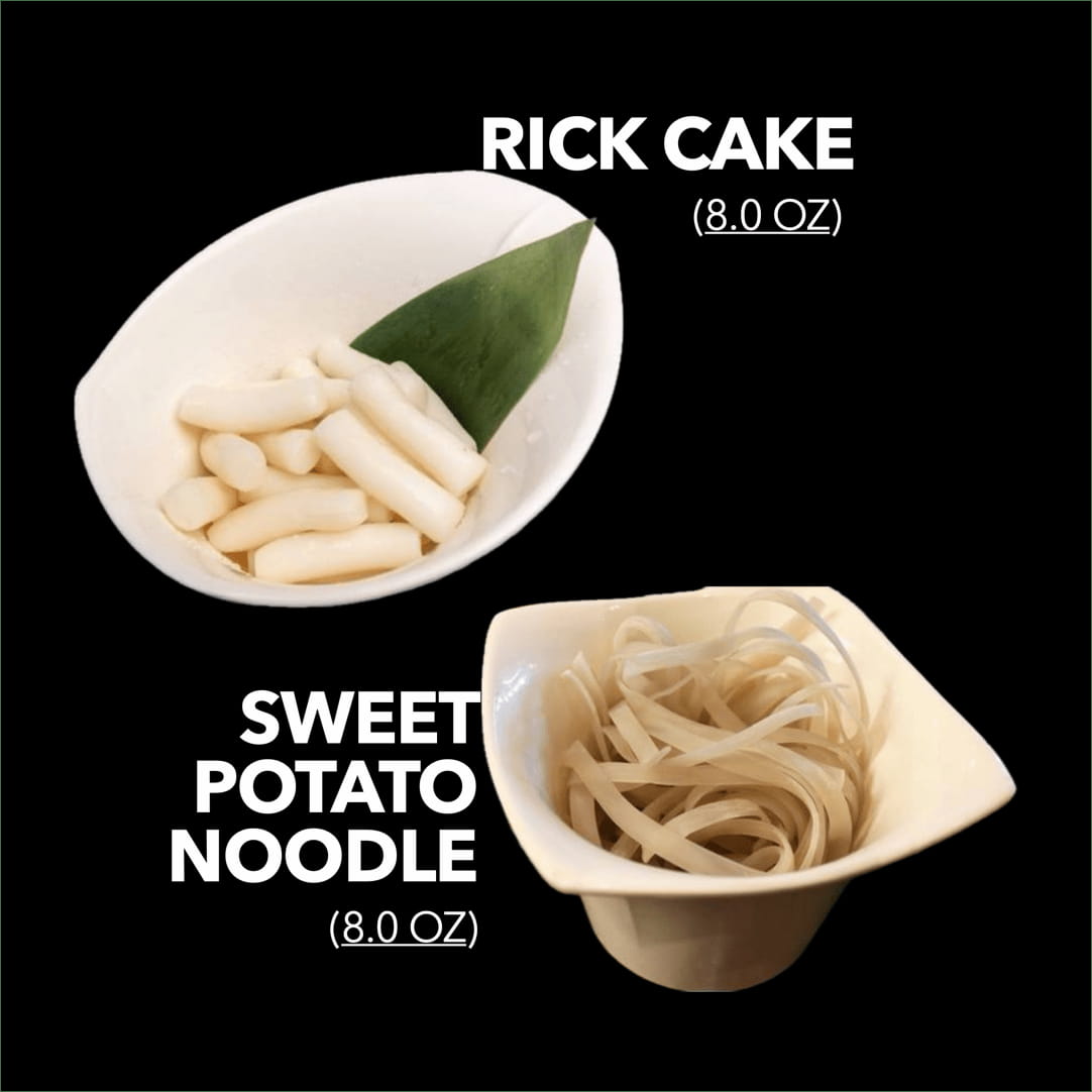 Image of noodle pack featuring one 8 oz rice cake with its chewy texture and one 8 oz sweet potato noodles, gluten-free and antioxidant-rich, highlighting taste and health benefits.