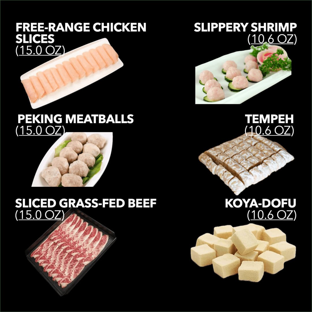 Image features a selection of Protein Kits including 15 oz Sliced Grass-Fed Beef, Free-Range Chicken, Peking Meatballs, alongside 10.6 oz Slippery Shrimp, Tempeh, and Koya-Tofu, highlighting their nutritious and flavorful benefits.